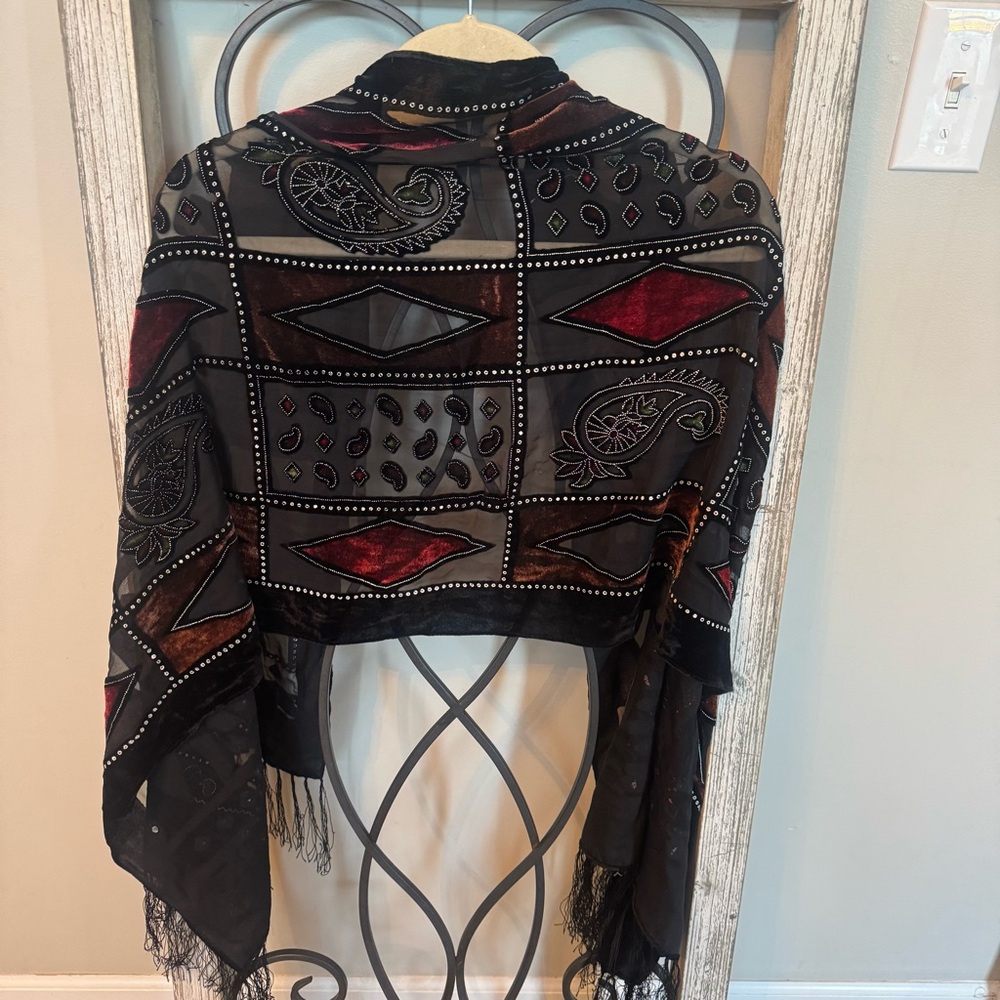 Vintage Velvet Burnout Shawl Wrap Sheer Paisley Fringe‎ Kimono Style 21x62 - Picture 3 of 7